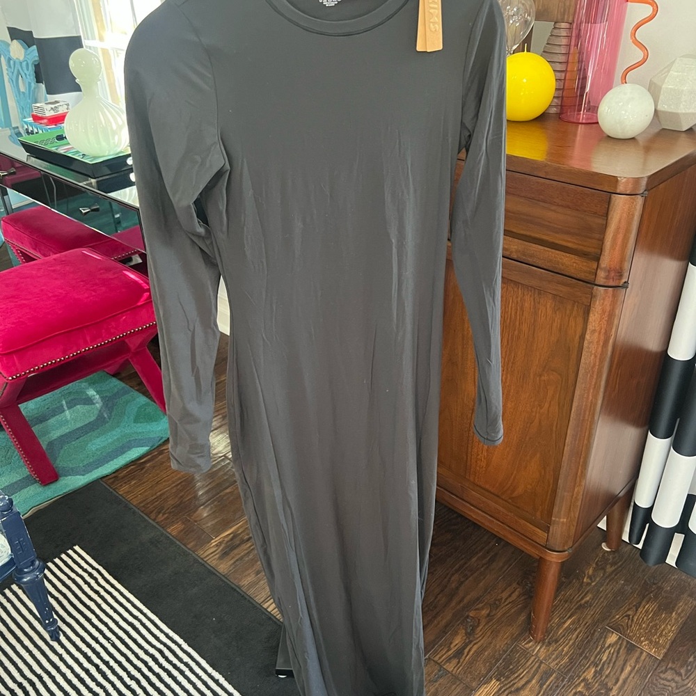 SKIMS Black Long-Sleeve Bodycon Midi Dress